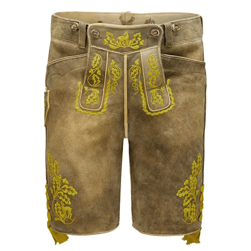 Brown shorts with yellow embroidery on a white background