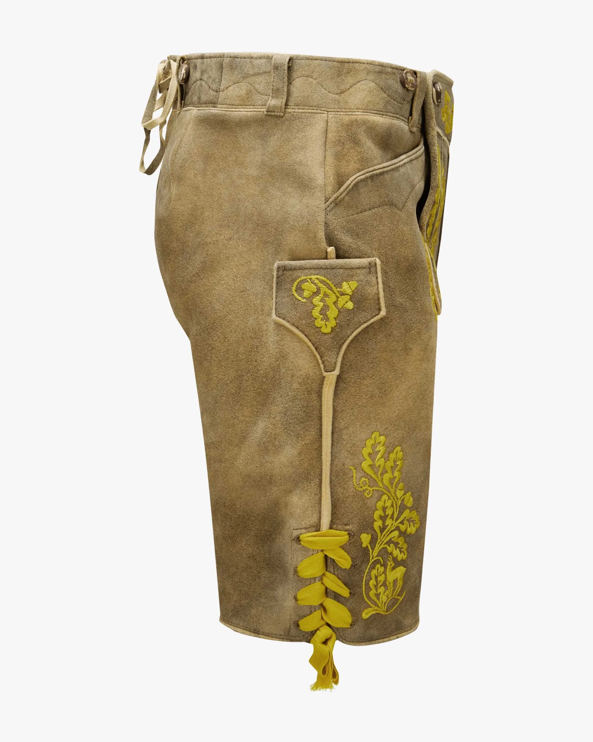 Brown leather shorts with yellow embroidery on a white background