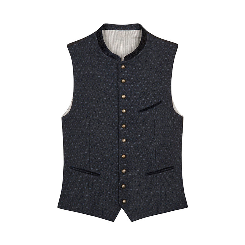 Dark patterned vest with button details on a white background