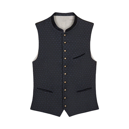 Dark patterned vest with button details on a white background