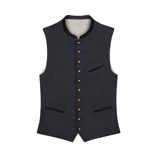 Dark patterned vest with button details on a white background