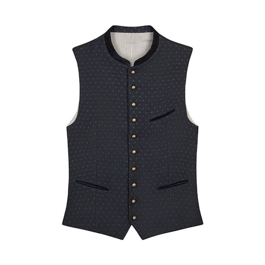Dark patterned vest with button details on a white background