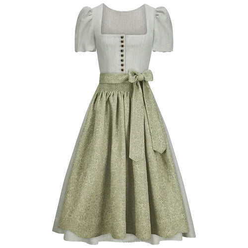 Two-tone dress with a white top and green skirt on a white background