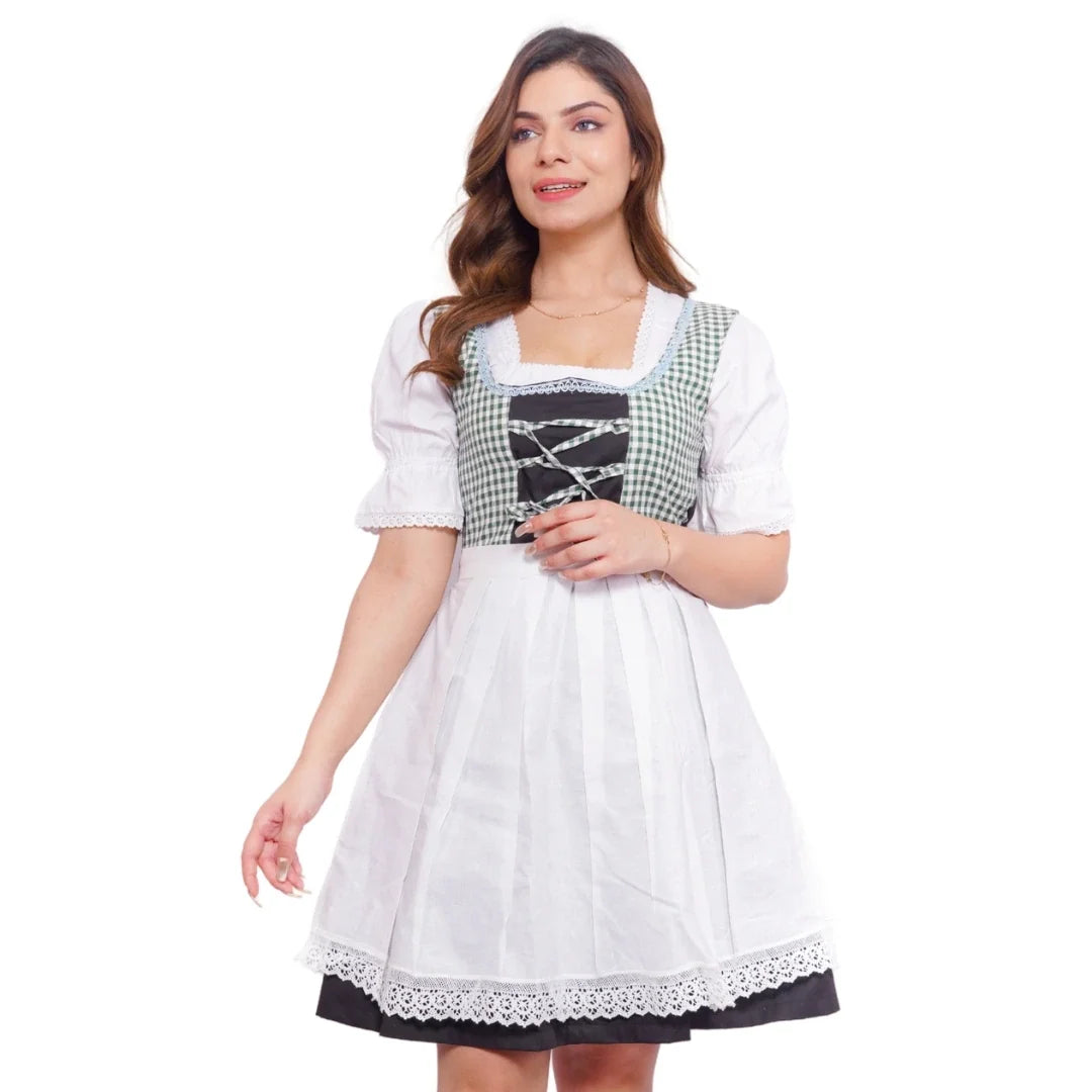 Woman wearing a traditional German dirndl dress on a white background