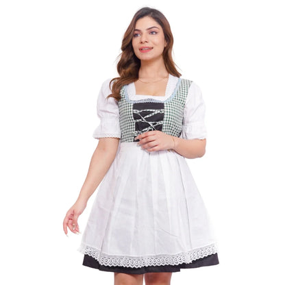 Woman wearing a traditional German dirndl dress on a white background