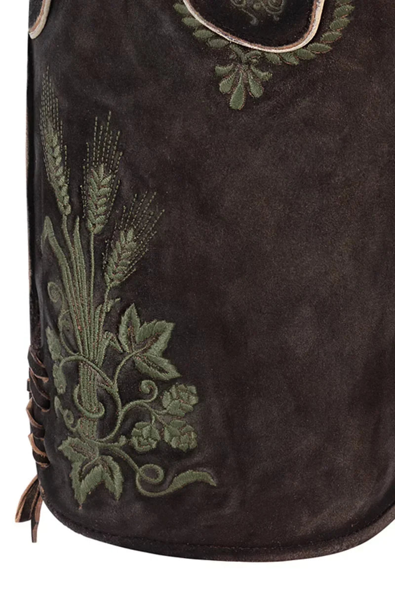 Dark brown leather bag with green floral embroidery