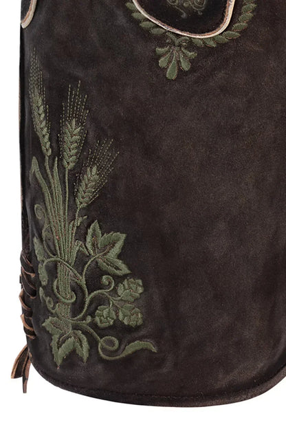 Dark brown leather bag with green floral embroidery