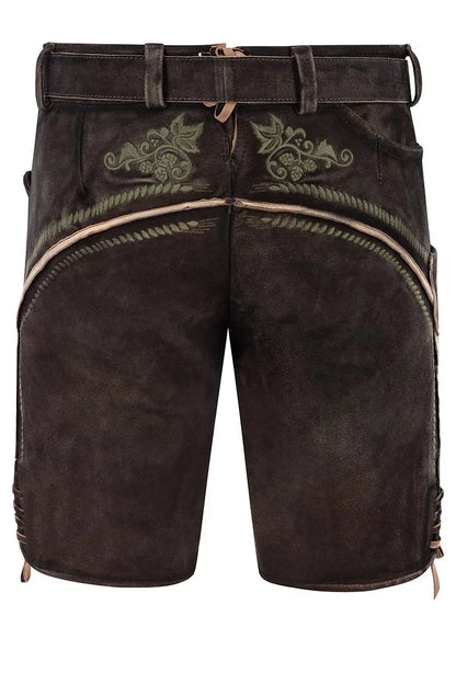 Brown leather shorts with green embroidery on a white background