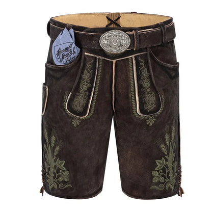 Brown leather shorts with embroidery and a belt on a white background