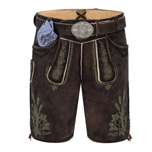 Brown leather shorts with embroidery and a belt on a white background