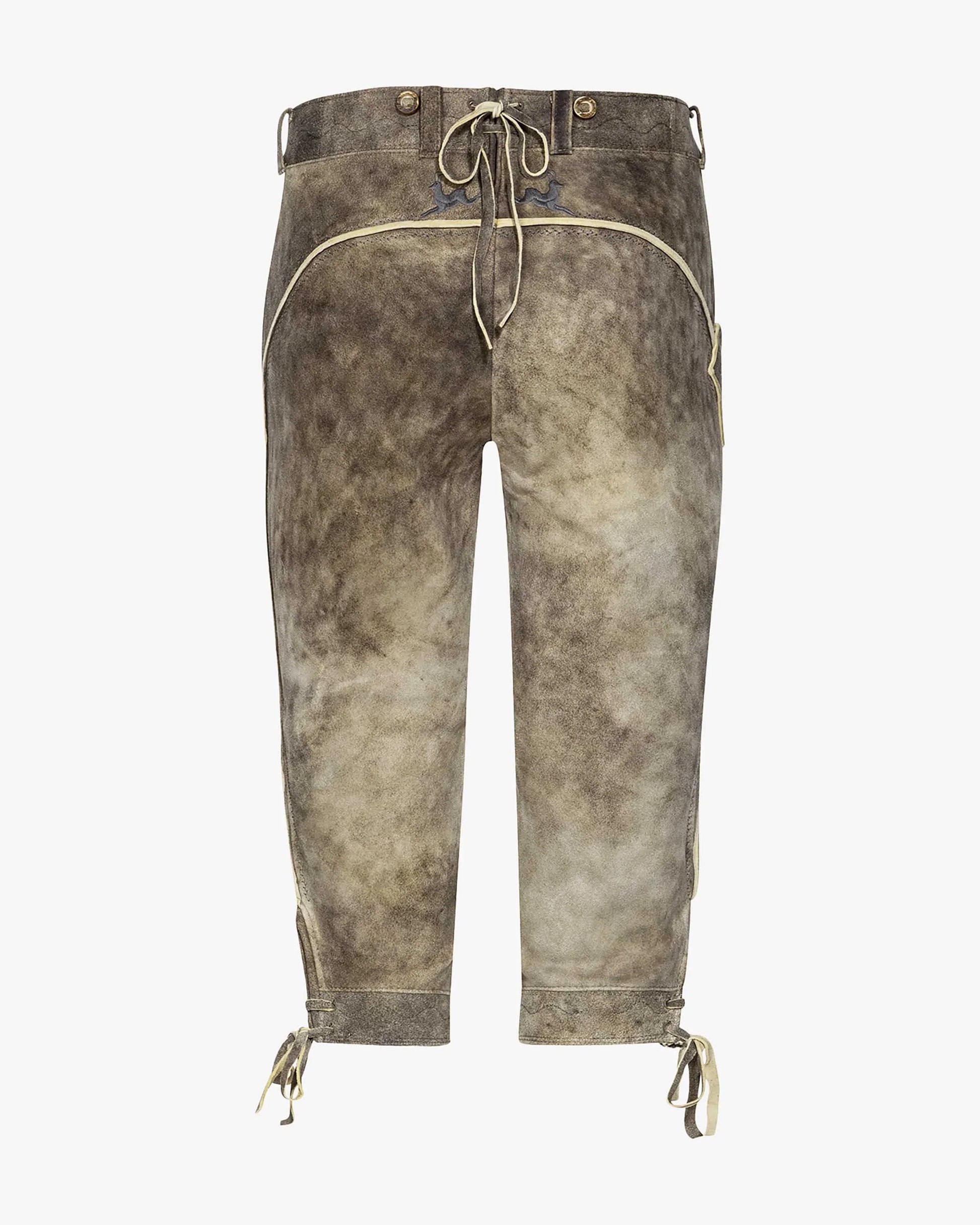 Brown leather pants with drawstring on a white background