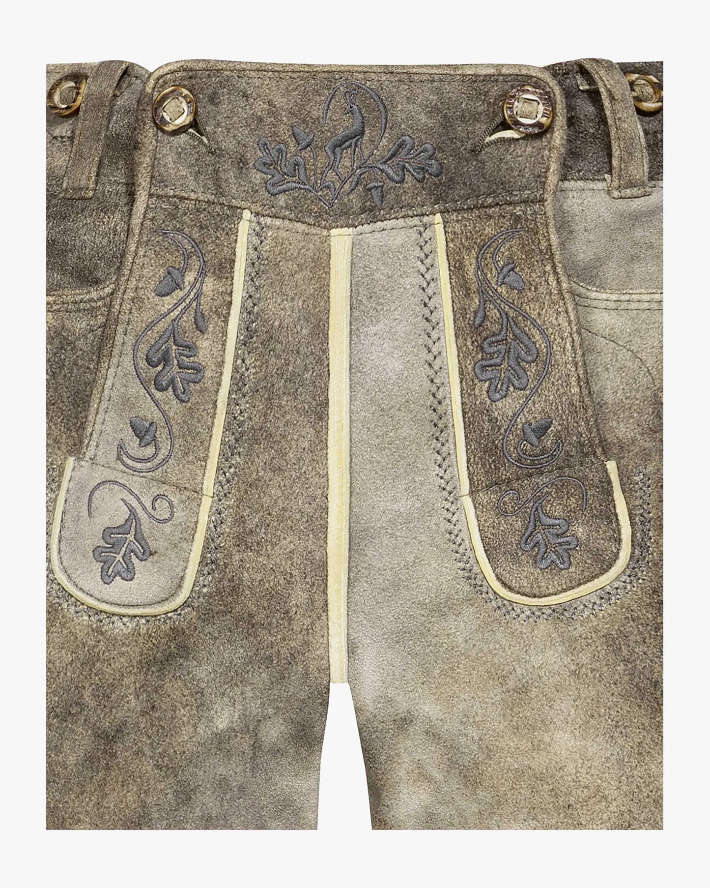 Traditional German lederhosen with intricate embroidery on a white background