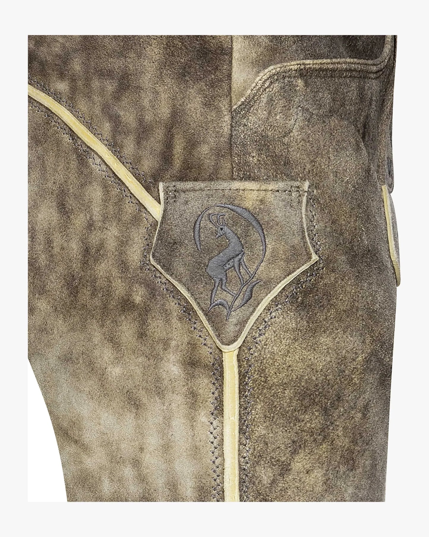 Close-up of a brown leather jacket with a logo on a white background