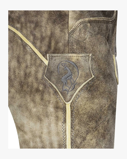 Close-up of a brown leather jacket with a logo on a white background