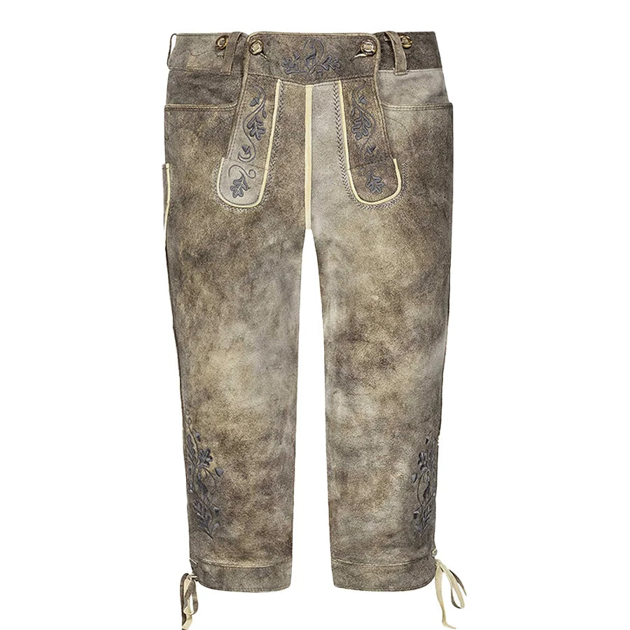 Traditional Bavarian lederhosen with floral embroidery on a white background