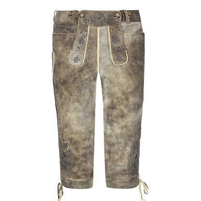 Traditional Bavarian lederhosen with floral embroidery on a white background