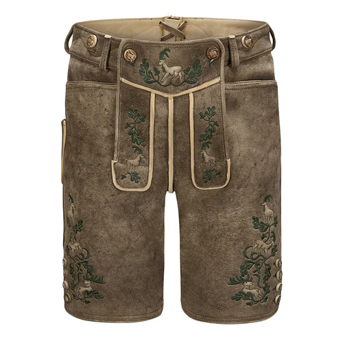 Brown leather shorts with embroidery on a white background