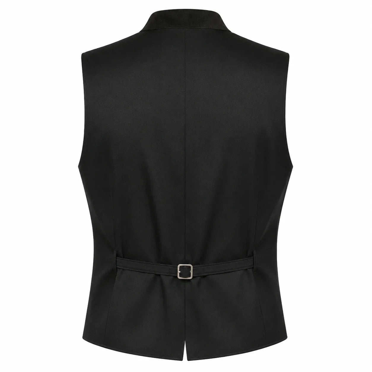 Black sleeveless vest shown from the back, featuring a collar, a self-tie belt with a silver buckle at the waist, and a clean white background.