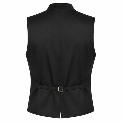 Black sleeveless vest shown from the back, featuring a collar, a self-tie belt with a silver buckle at the waist, and a clean white background.