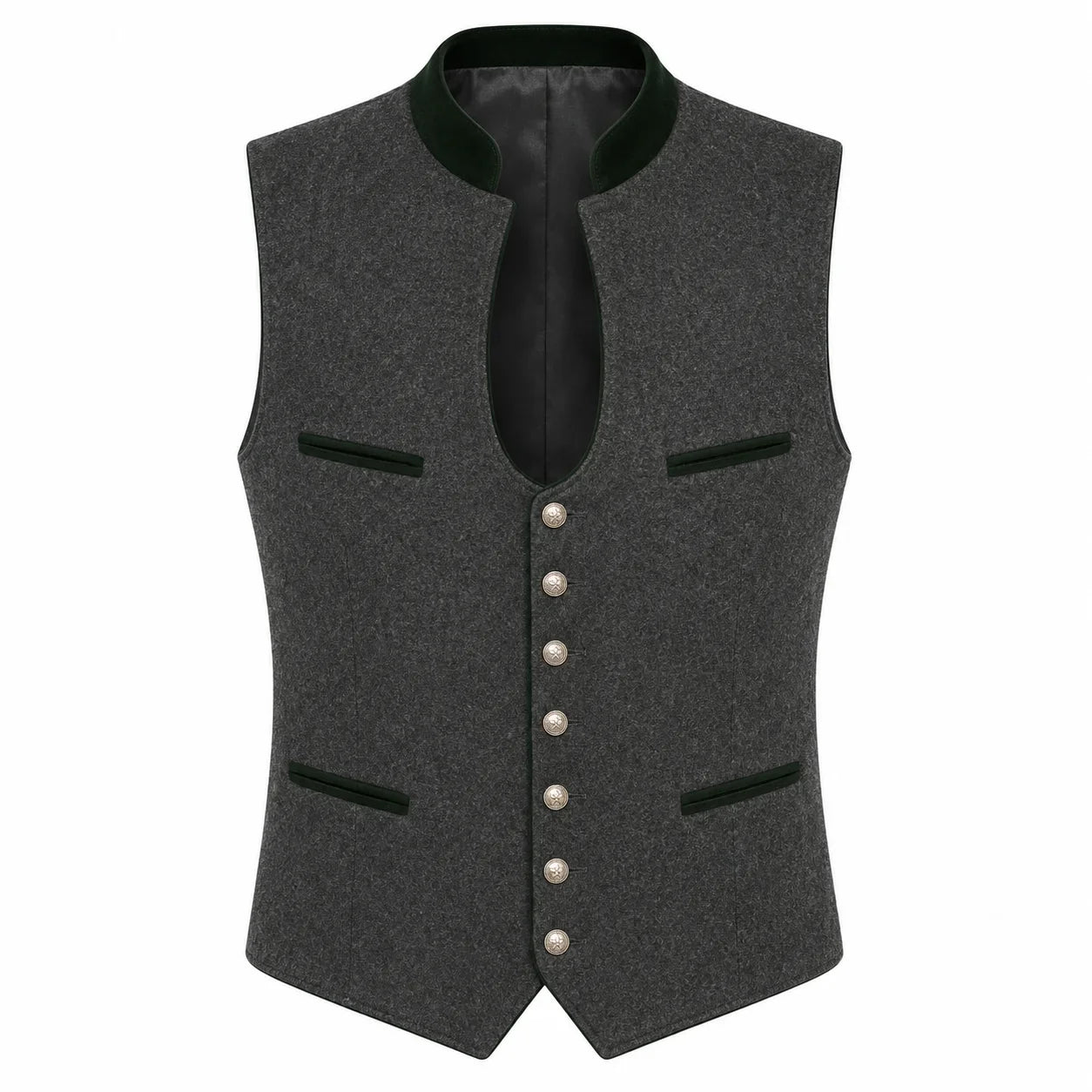 A dark gray wool-blend waistcoat vest with a black satin collar, black trim details, and a row of silver buttons down the front, displayed on a solid white background.