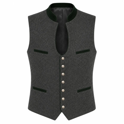A dark gray wool-blend waistcoat vest with a black satin collar, black trim details, and a row of silver buttons down the front, displayed on a solid white background.
