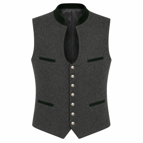 A dark gray wool-blend waistcoat vest with a black satin collar, black trim details, and a row of silver buttons down the front, displayed on a solid white background.