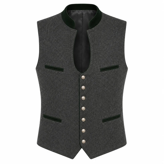 A dark gray wool-blend waistcoat vest with a black satin collar, black trim details, and a row of silver buttons down the front, displayed on a solid white background.