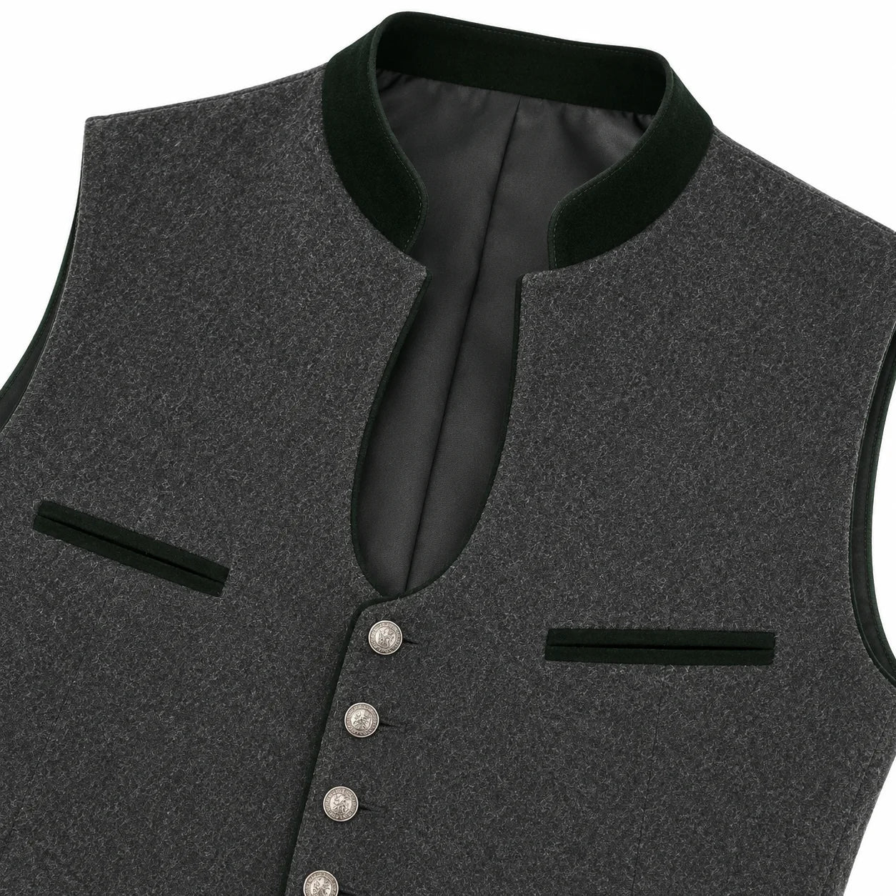 Close-up of a dark gray textured waistcoat vest with a black velvet collar, black trim details, and silver buttons, shown on a white background.