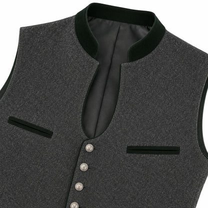 Close-up of a dark gray textured waistcoat vest with a black velvet collar, black trim details, and silver buttons, shown on a white background.