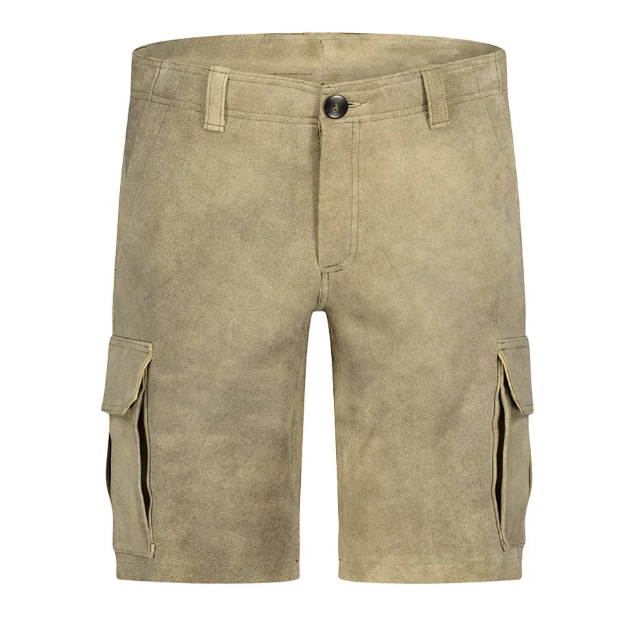 Beige cargo shorts on a white background