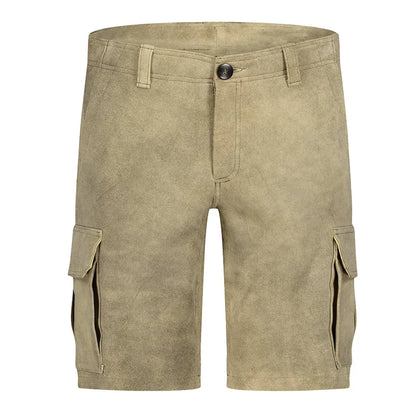 Beige cargo shorts on a white background