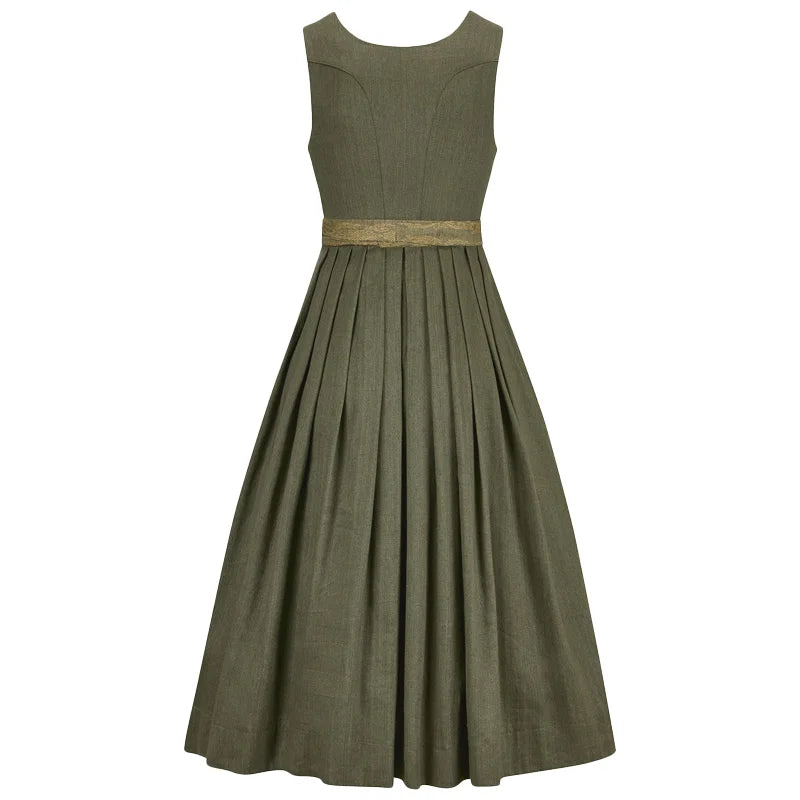 Green dress with a belt on a white background