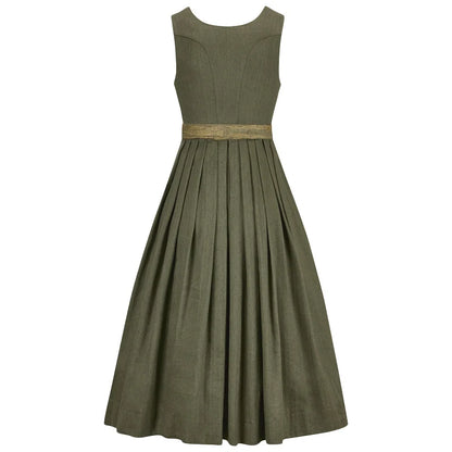 Green dress with a belt on a white background
