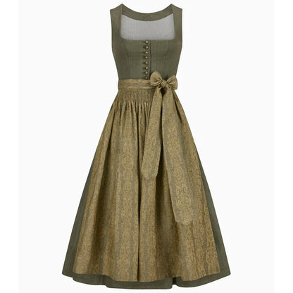 Green dress with a patterned skirt on a white background