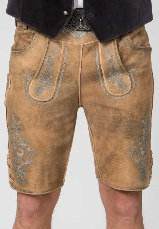 Brown leather shorts with floral embroidery on a white background