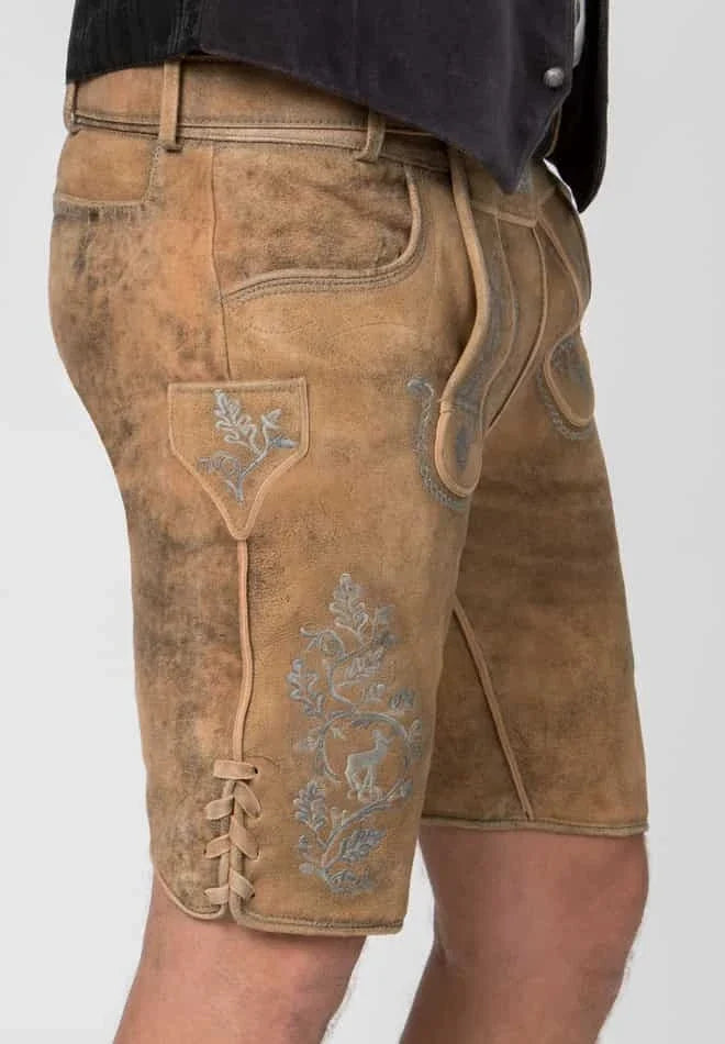 Brown leather shorts with floral embroidery on a white background