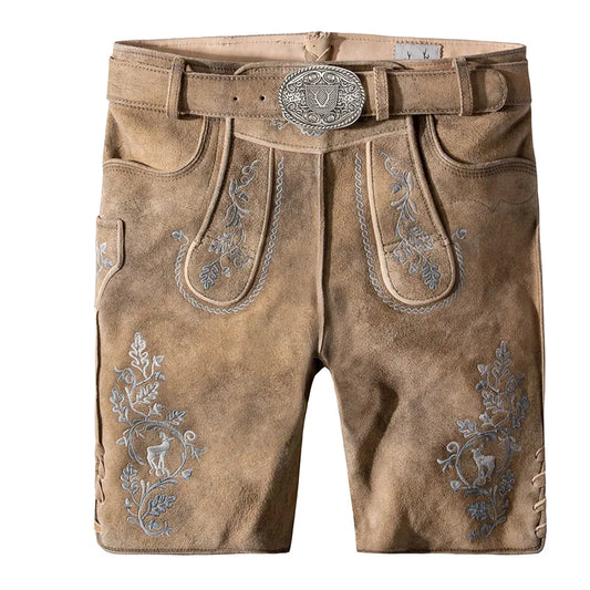 Brown leather shorts with floral embroidery and a belt on a white background