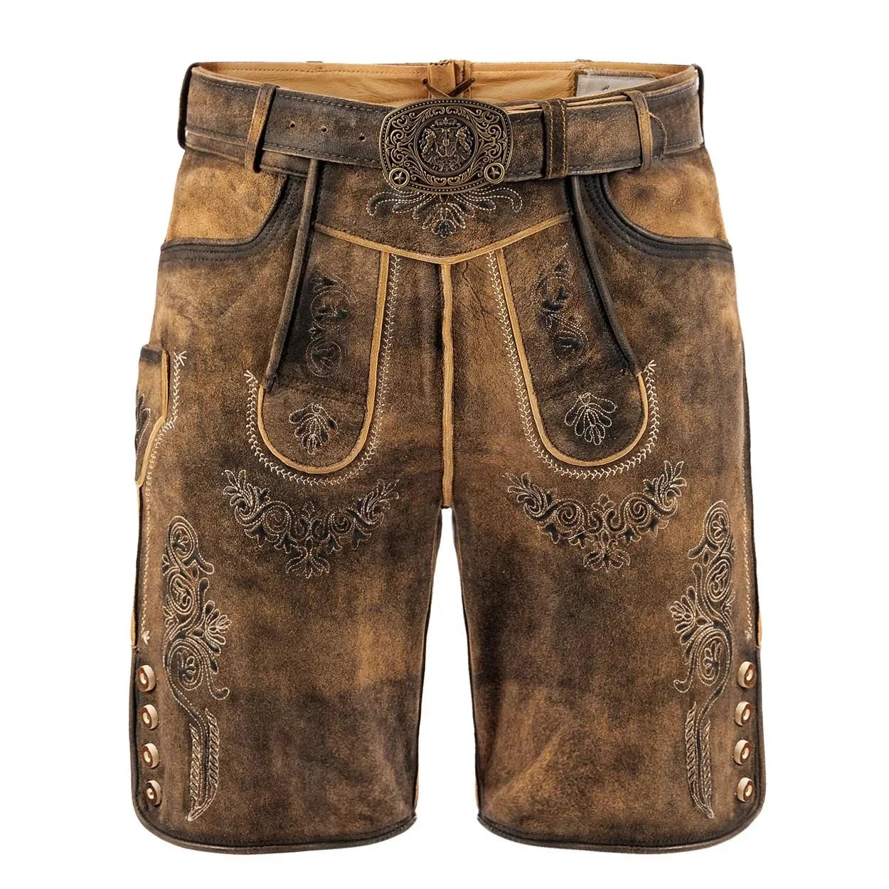 Brown leather shorts with decorative patterns and a belt on a white background