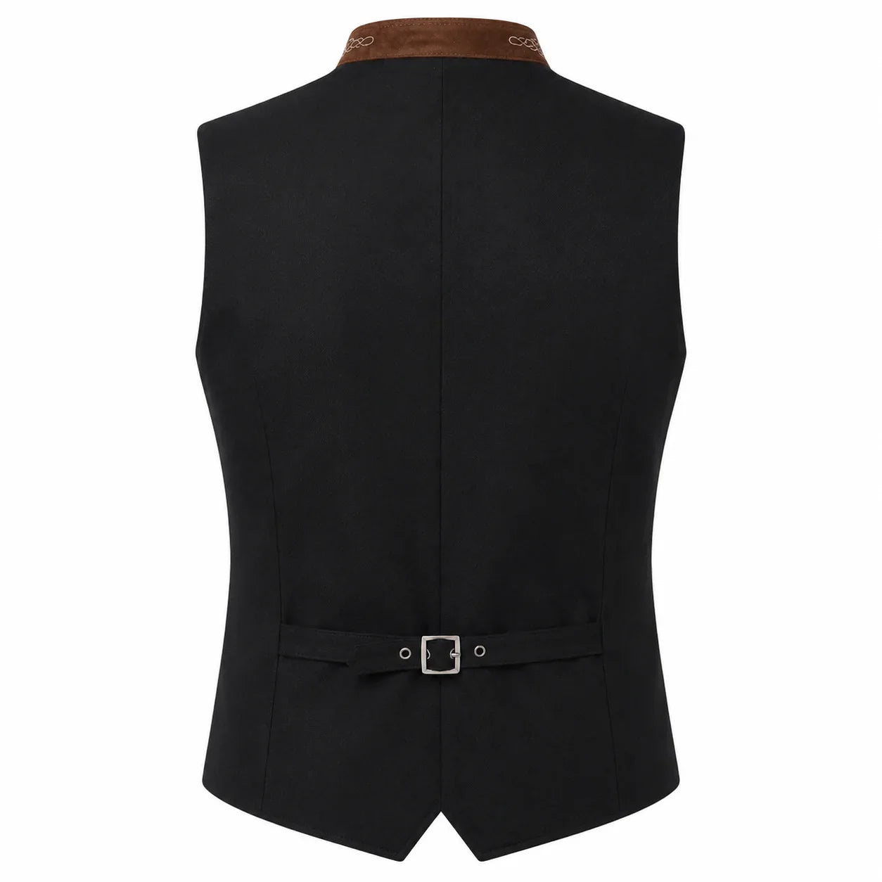 Black men's waistcoat vest shown from the back, featuring a brown collar and a matching tie belt with a silver buckle at the waist, set against a plain white background.