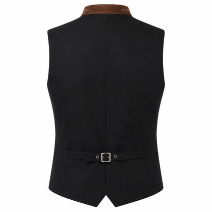 Black men's waistcoat vest shown from the back, featuring a brown collar and a matching tie belt with a silver buckle at the waist, set against a plain white background.