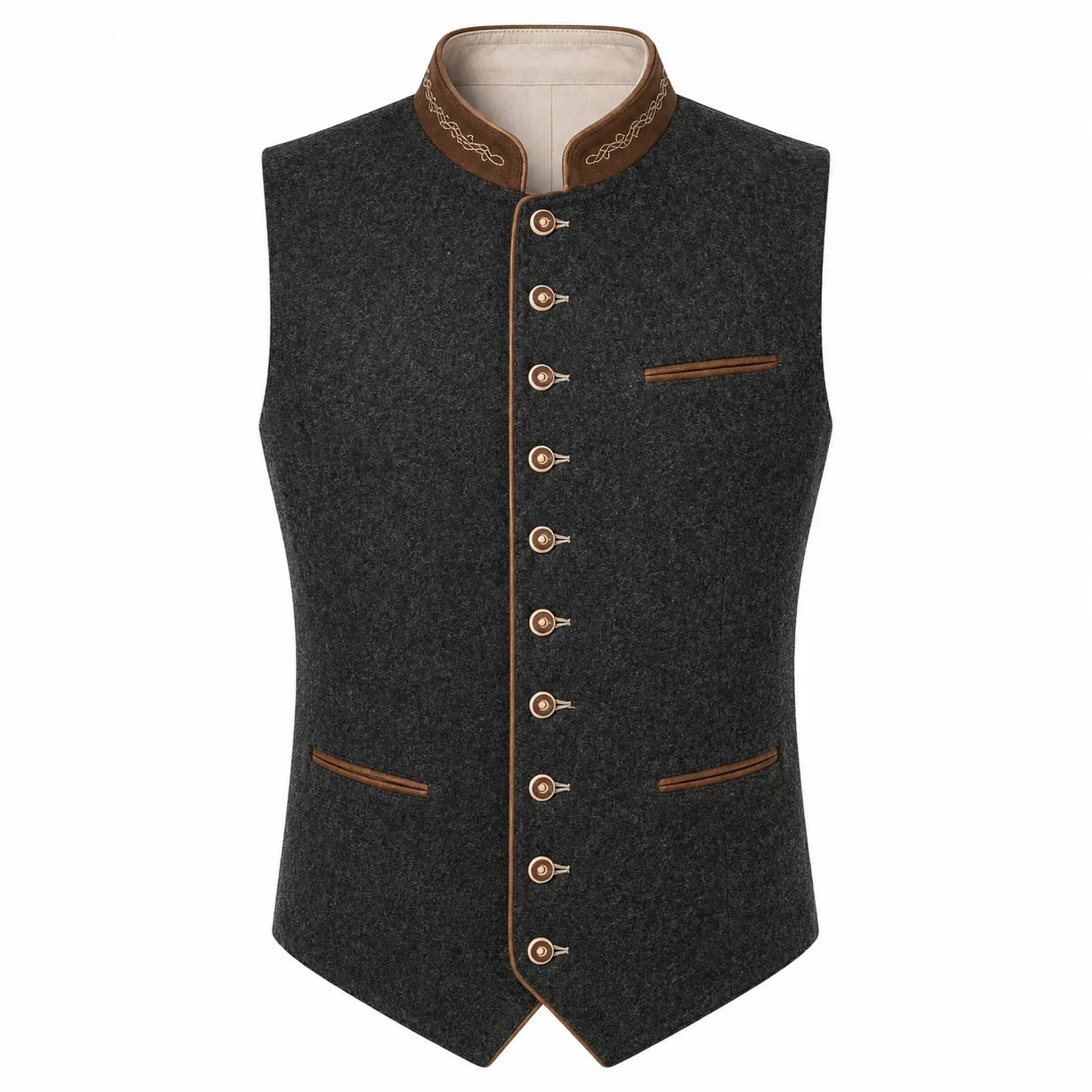A dark gray wool felt vest with brown trim and decorative buttons, featuring a mandarin collar and front pockets, shown against a plain white background.