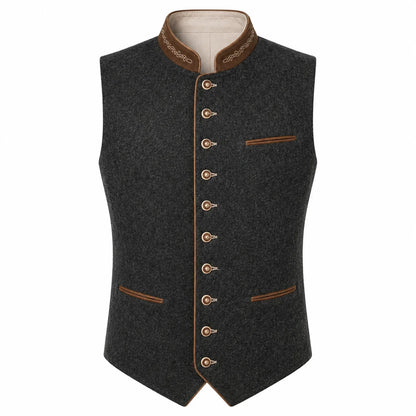 A dark gray wool felt vest with brown trim and decorative buttons, featuring a mandarin collar and front pockets, shown against a plain white background.