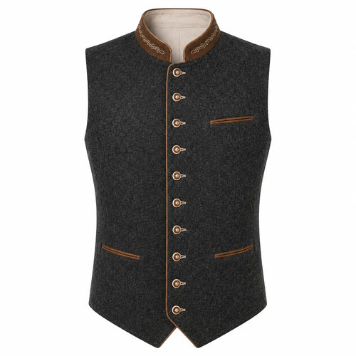 A dark gray wool felt vest with brown trim and decorative buttons, featuring a mandarin collar and front pockets, shown against a plain white background.
