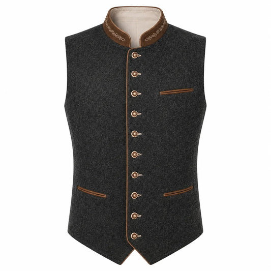 A dark gray wool felt vest with brown trim and decorative buttons, featuring a mandarin collar and front pockets, shown against a plain white background.