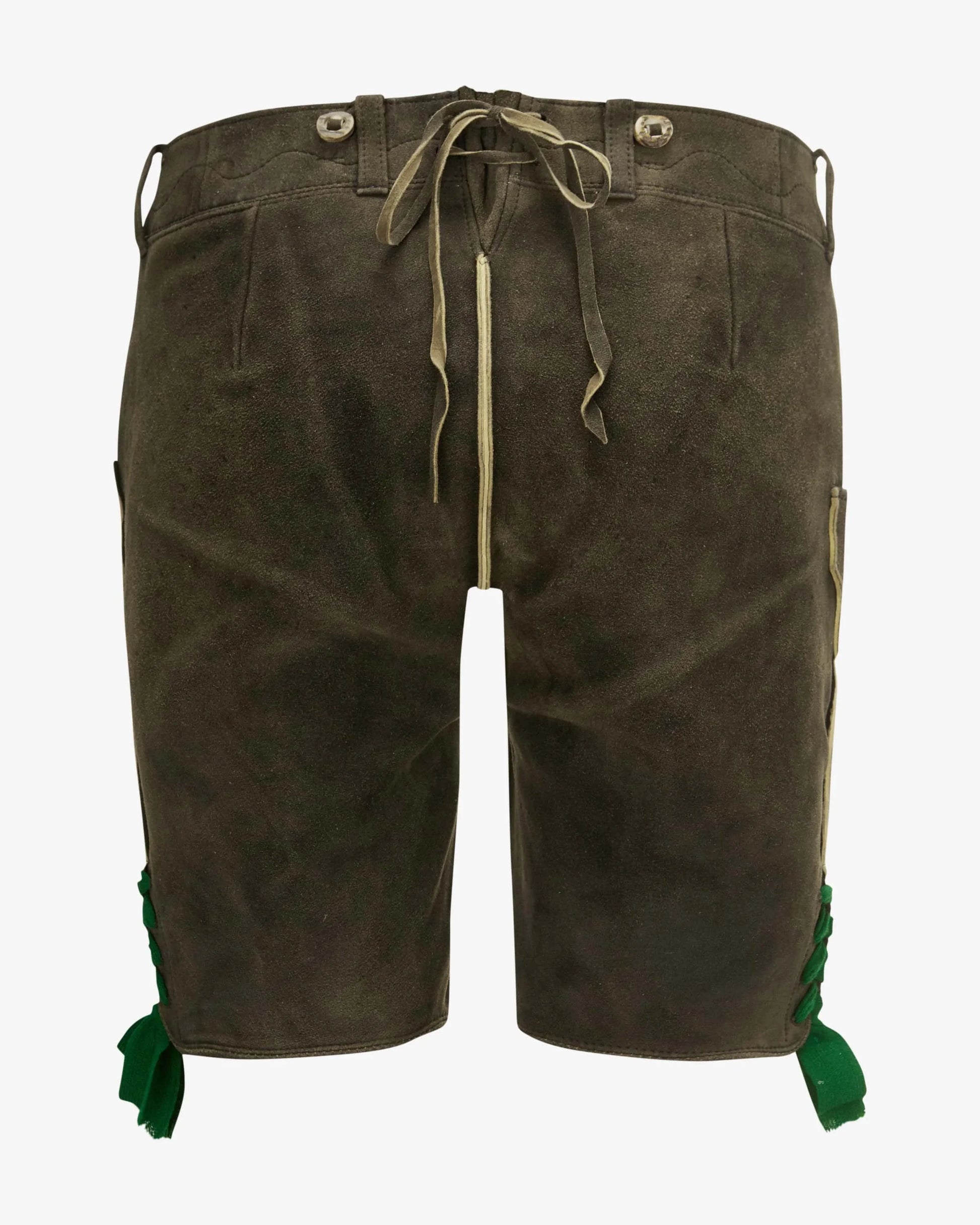 Brown shorts with green accents on a white background