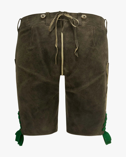 Brown shorts with green accents on a white background