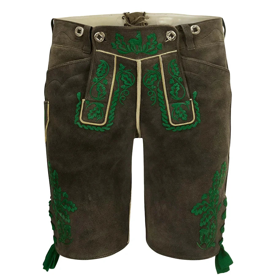 Brown leather shorts with green embroidery on a white background