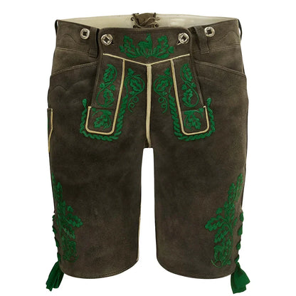 Brown leather shorts with green embroidery on a white background