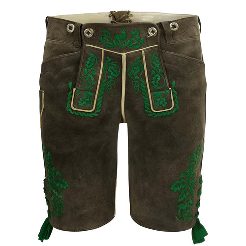 Brown leather shorts with green embroidery on a white background