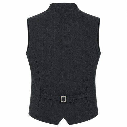 A dark charcoal gray waistcoat vest with a matching tie belt and silver buckle, shown from the back on a plain white background.